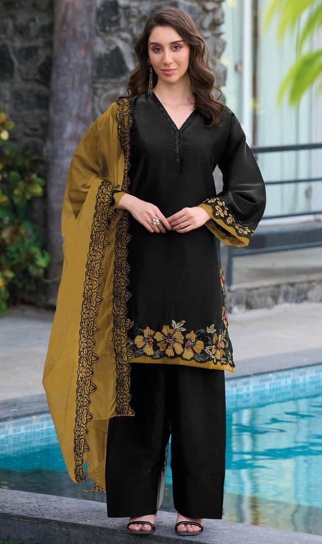 Black and yellow embroidered satin semi-stitched pakistani salwar suit
