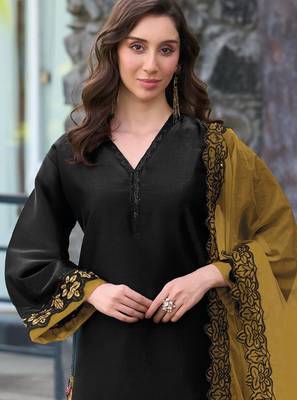 Black and yellow embroidered satin semi-stitched pakistani salwar suit 2