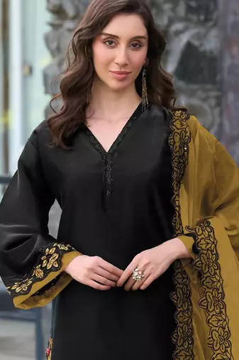 Black and yellow embroidered satin semi-stitched pakistani salwar suit