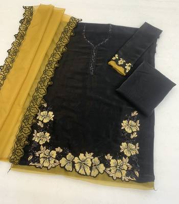 Black and yellow embroidered satin semi-stitched pakistani salwar suit 3
