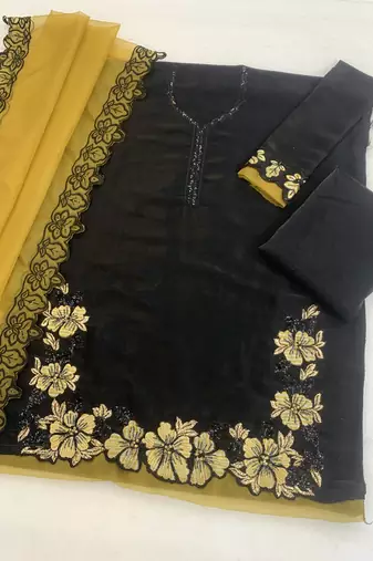 Black and yellow embroidered satin semi-stitched pakistani salwar suit