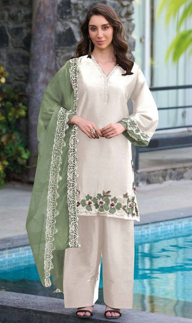 White and green embroidered satin semi-stitched pakistani salwar suit