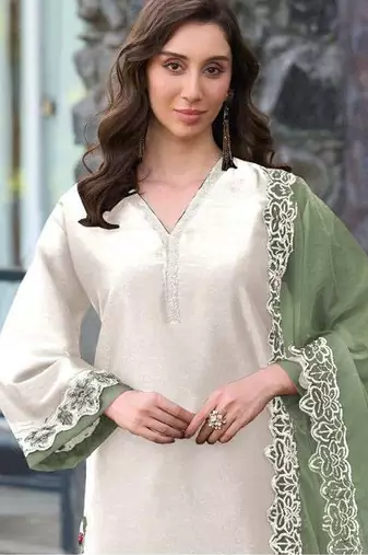 White and green embroidered satin semi-stitched pakistani salwar suit