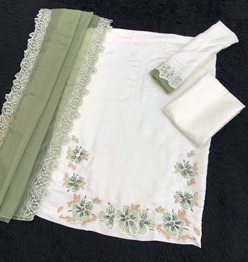 White and green embroidered satin semi-stitched pakistani salwar suit 3
