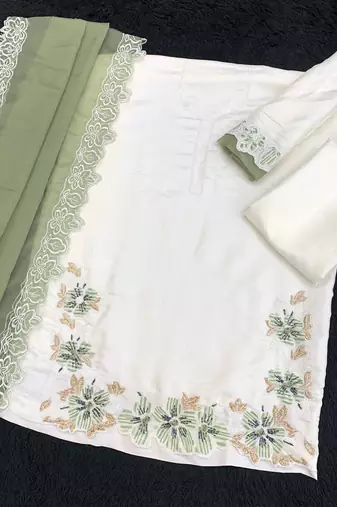 White and green embroidered satin semi-stitched pakistani salwar suit