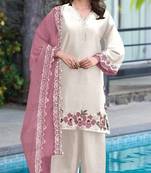 White and pink embroidered satin semi-stitched pakistani salwar suit