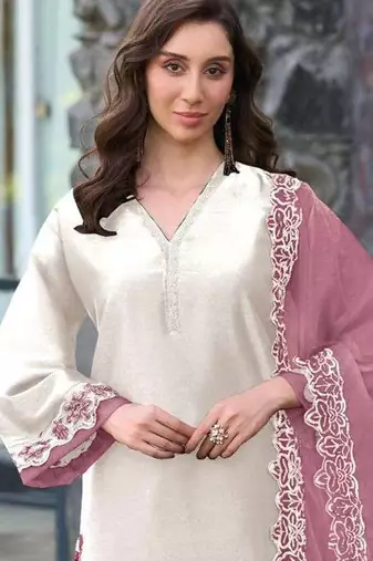 White and pink embroidered satin semi-stitched pakistani salwar suit