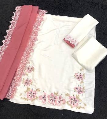 White and pink embroidered satin semi-stitched pakistani salwar suit 3