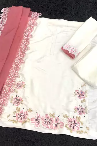 White and pink embroidered satin semi-stitched pakistani salwar suit