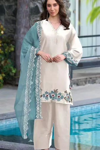 White and sky embroidered satin semi-stitched pakistani salwar suit
