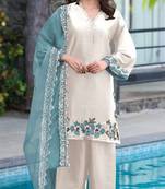 White and sky embroidered satin semi-stitched pakistani salwar suit