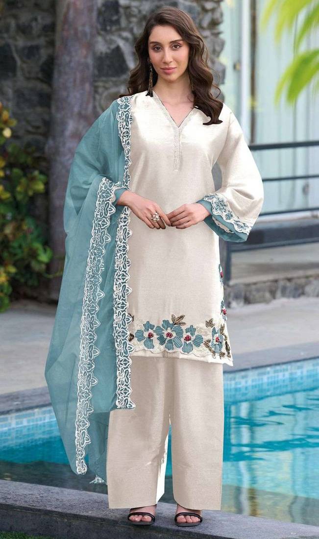 White and sky embroidered satin semi-stitched pakistani salwar suit