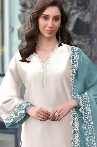 White and sky embroidered satin semi-stitched pakistani salwar suit