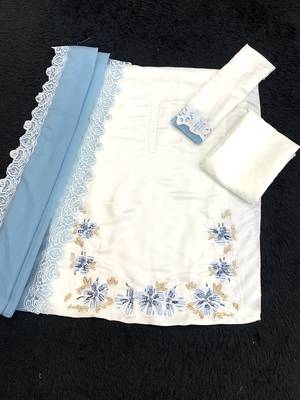 White and sky embroidered satin semi-stitched pakistani salwar suit 3
