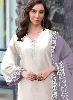 White and grey embroidered satin semi-stitched pakistani salwar suit 2