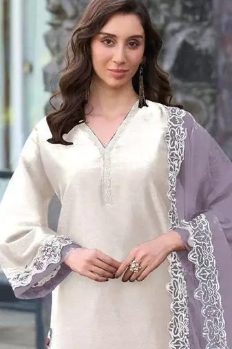 White and grey embroidered satin semi-stitched pakistani salwar suit