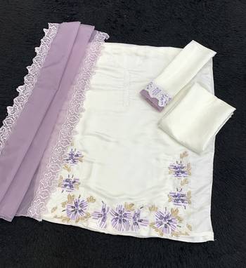 White and grey embroidered satin semi-stitched pakistani salwar suit 3