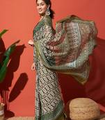 Green elegant printed georgette saree with blouse piece