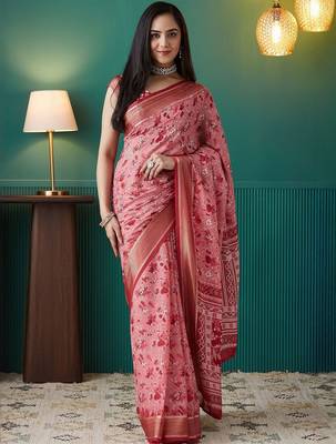Pink elegant printed georgette saree with blouse piece 1