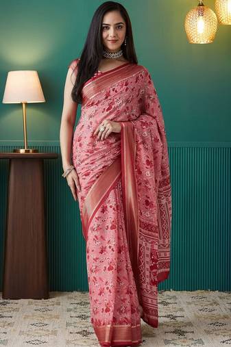 Pink elegant printed georgette saree with blouse piece