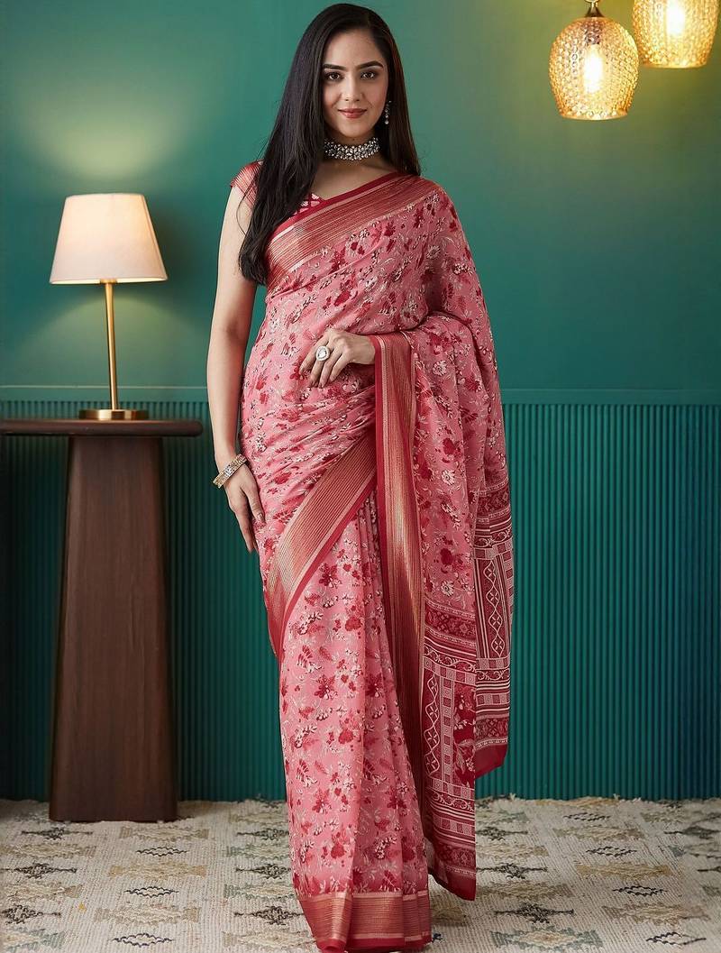 Pink elegant printed georgette saree with blouse piece