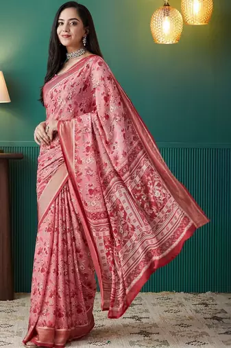 Pink elegant printed georgette saree with blouse piece