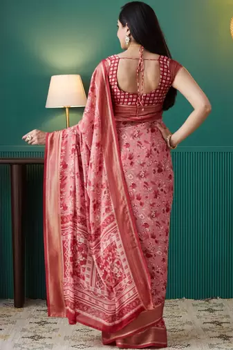 Pink elegant printed georgette saree with blouse piece