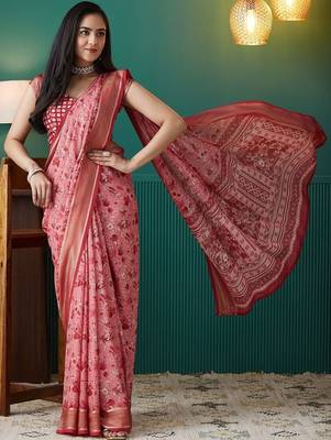 Pink elegant printed georgette saree with blouse piece 4