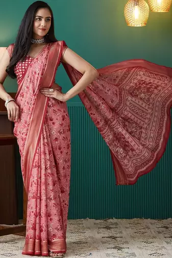 Pink elegant printed georgette saree with blouse piece