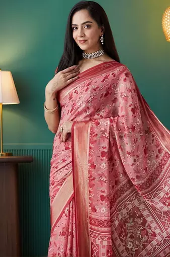 Pink elegant printed georgette saree with blouse piece