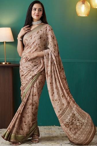 Brown elegant printed georgette saree with blouse piece