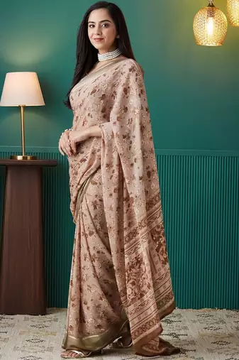 Brown elegant printed georgette saree with blouse piece