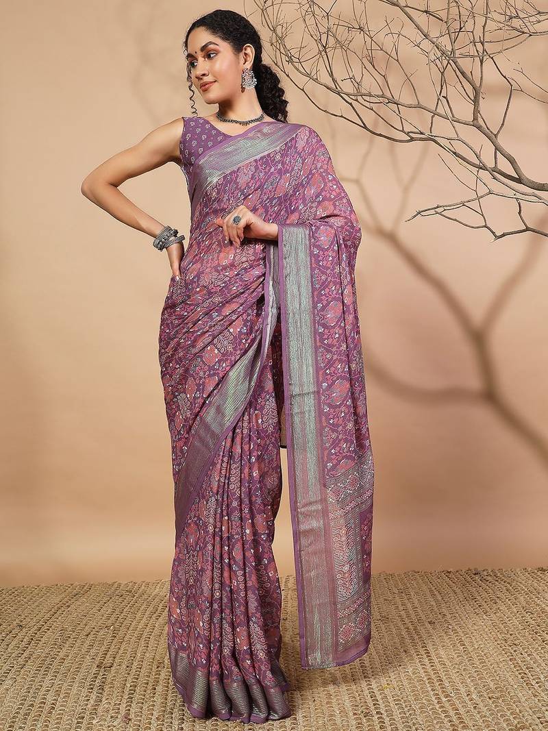 Purple elegant printed georgette saree with blouse piece