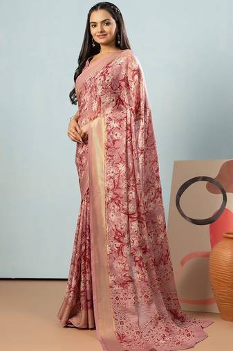 Peach elegant printed georgette saree with blouse piece