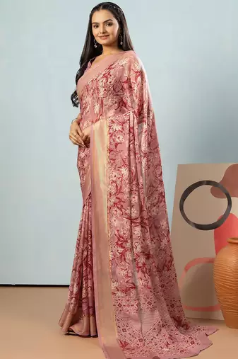 Peach elegant printed georgette saree with blouse piece