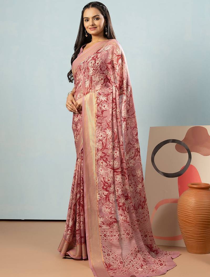Peach elegant printed georgette saree with blouse piece