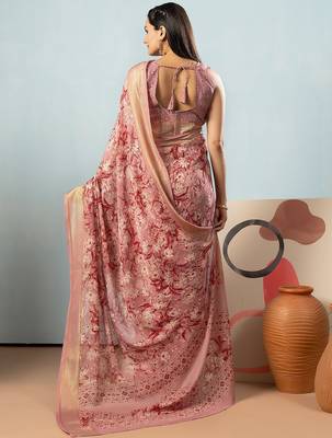 Peach elegant printed georgette saree with blouse piece 2