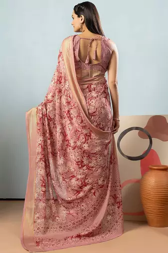 Peach elegant printed georgette saree with blouse piece