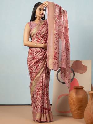 Peach elegant printed georgette saree with blouse piece 3