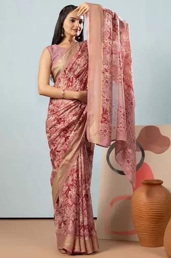 Peach elegant printed georgette saree with blouse piece