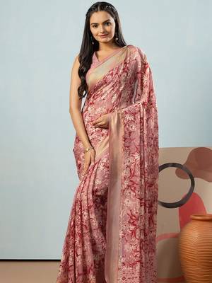 Peach elegant printed georgette saree with blouse piece 4