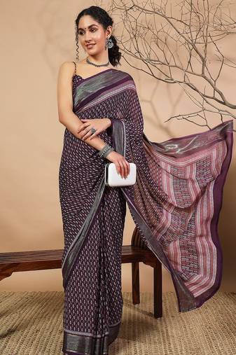 Purple elegant printed georgette saree with blouse piece