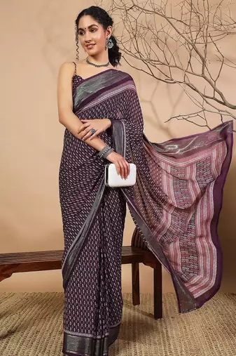 Purple elegant printed georgette saree with blouse piece