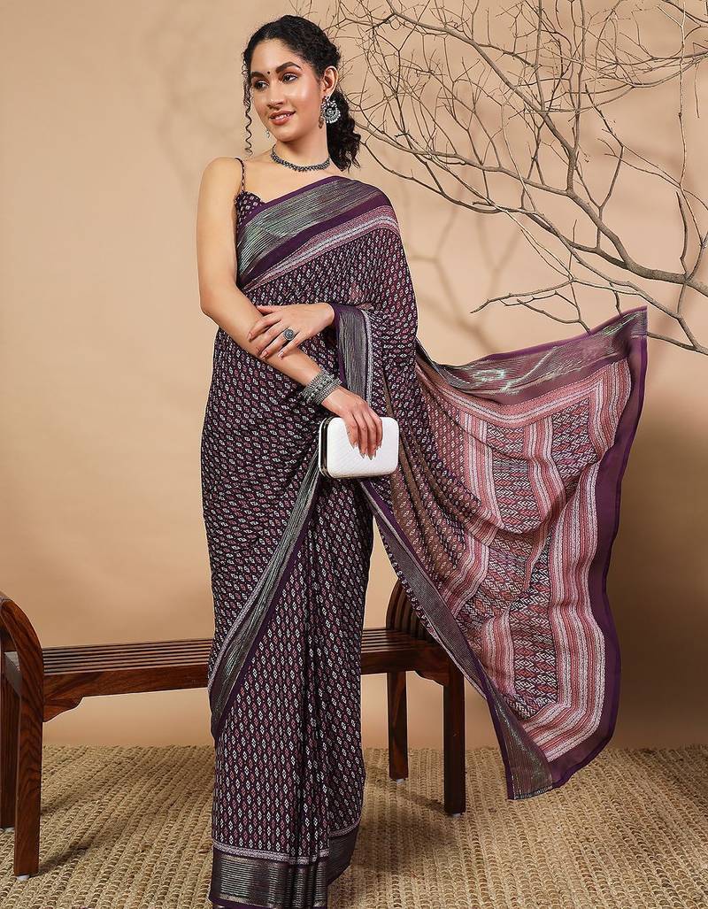 Purple elegant printed georgette saree with blouse piece