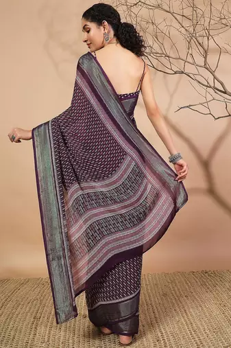 Purple elegant printed georgette saree with blouse piece