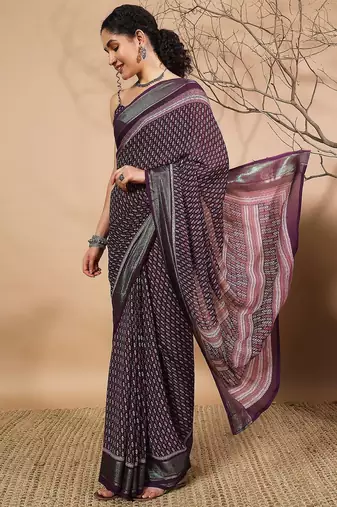 Purple elegant printed georgette saree with blouse piece