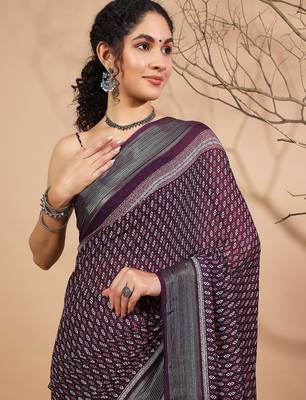 Purple elegant printed georgette saree with blouse piece 4