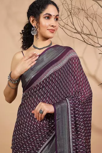 Purple elegant printed georgette saree with blouse piece