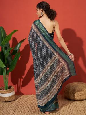 Teal elegant printed georgette saree with blouse piece 2