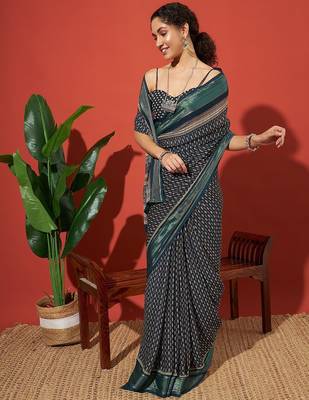 Teal elegant printed georgette saree with blouse piece 3
